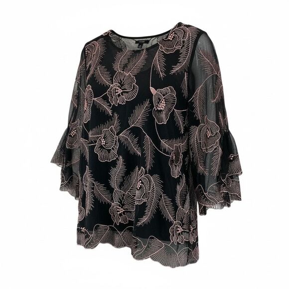 Alfani XL Black Mesh Floral Embroidered Bell Sleeve Blouse Sheer Overlay Top - Picture 1 of 9